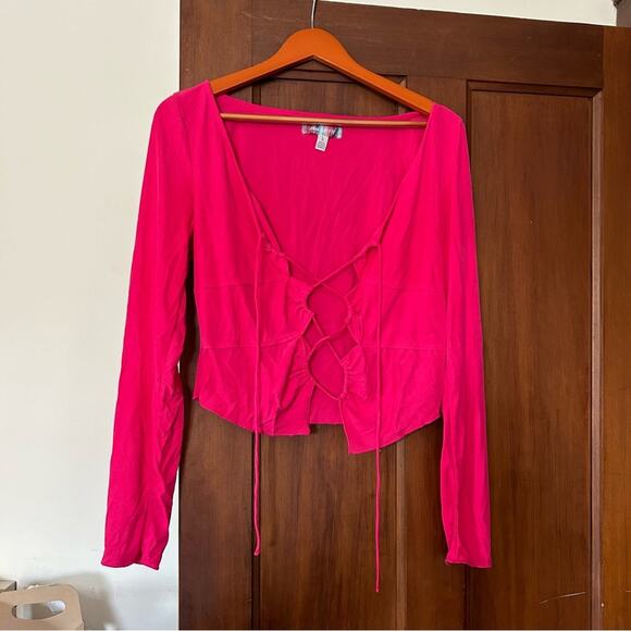 Urban Outfitters Elena Drawstring Cutout Top Hot Pink Long Sleeve Size L - Picture 2 of 7